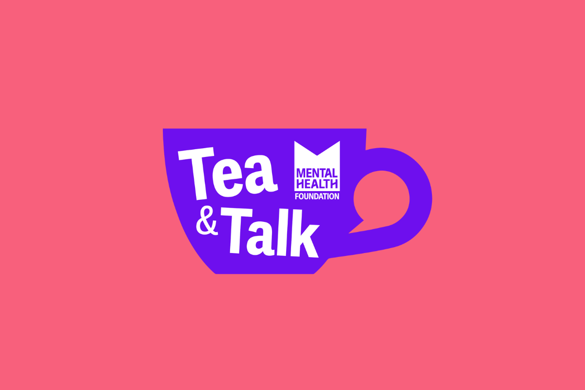 Purple Tea and Talk logo in the shake of a tea cup on a coral-coloured background