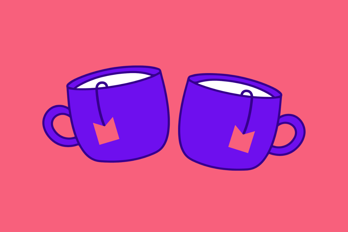 A drawing of two purple cups next to each other on a coral-coloured background