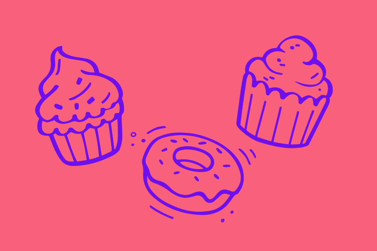 Purple drawings of cupcakes and a donut on a coral-coloured background