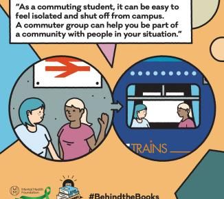 The image displays a quote from the blog: "As a commuting student, it can be easy to feel isolated and shut off from campus. A commuter group can help you be part of a community with people in your situation". The image shows illustrations of people commuting to university.