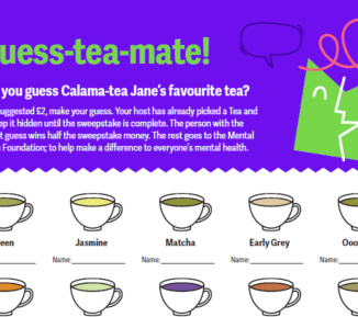 The top of a Guess-tea-mate question sheet with a large purple header and some illustrations of cups of tea