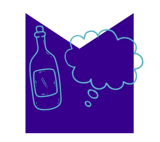 Drawing of bottle and thought bubble on M shaped graphic