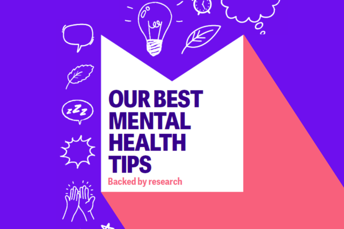 M-shaped graphic containing text reading Our best mental health tips. The graphic is surrounded by hand drawn illustration representing some things that can support your mental health