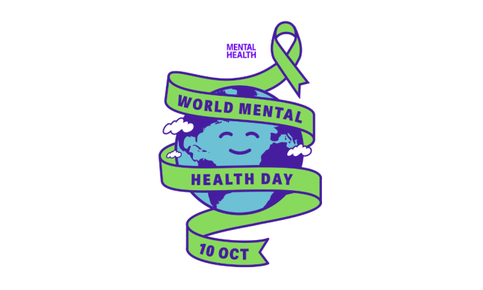 Drawing of a globe with a smiling face. A green ribbon is wrapped around it, with the text: 'World Mental Health Day Oct 10'. Above it is the MHF logo.