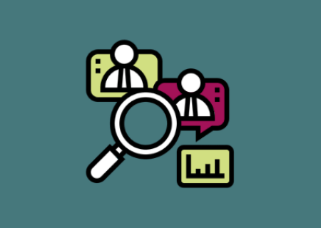 An illustration of a magnifying glass with some people speaking and a graph