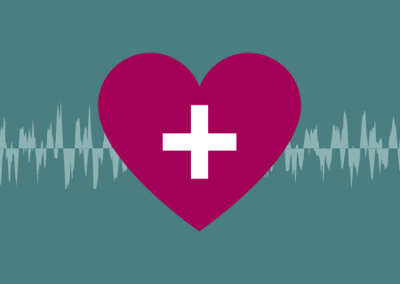 Graphic of a heart with a cross and a soundwave in the background