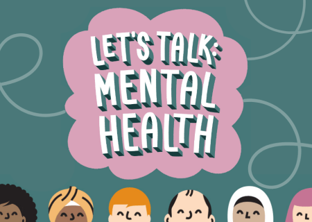 Illustration with the title Let's Talk Mental Health on a green background with some people heads at the bottom of the frame