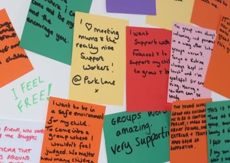 Post its of feedback from the Young Mums Together programme