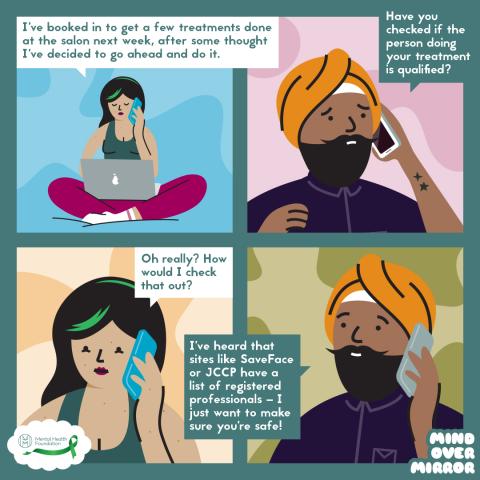 Comic of two people on the phone, the woman is telling the man she has booked to get cosmetic treatments done