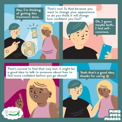 Comic of two women talking about one of them getting anti-acne treatment done